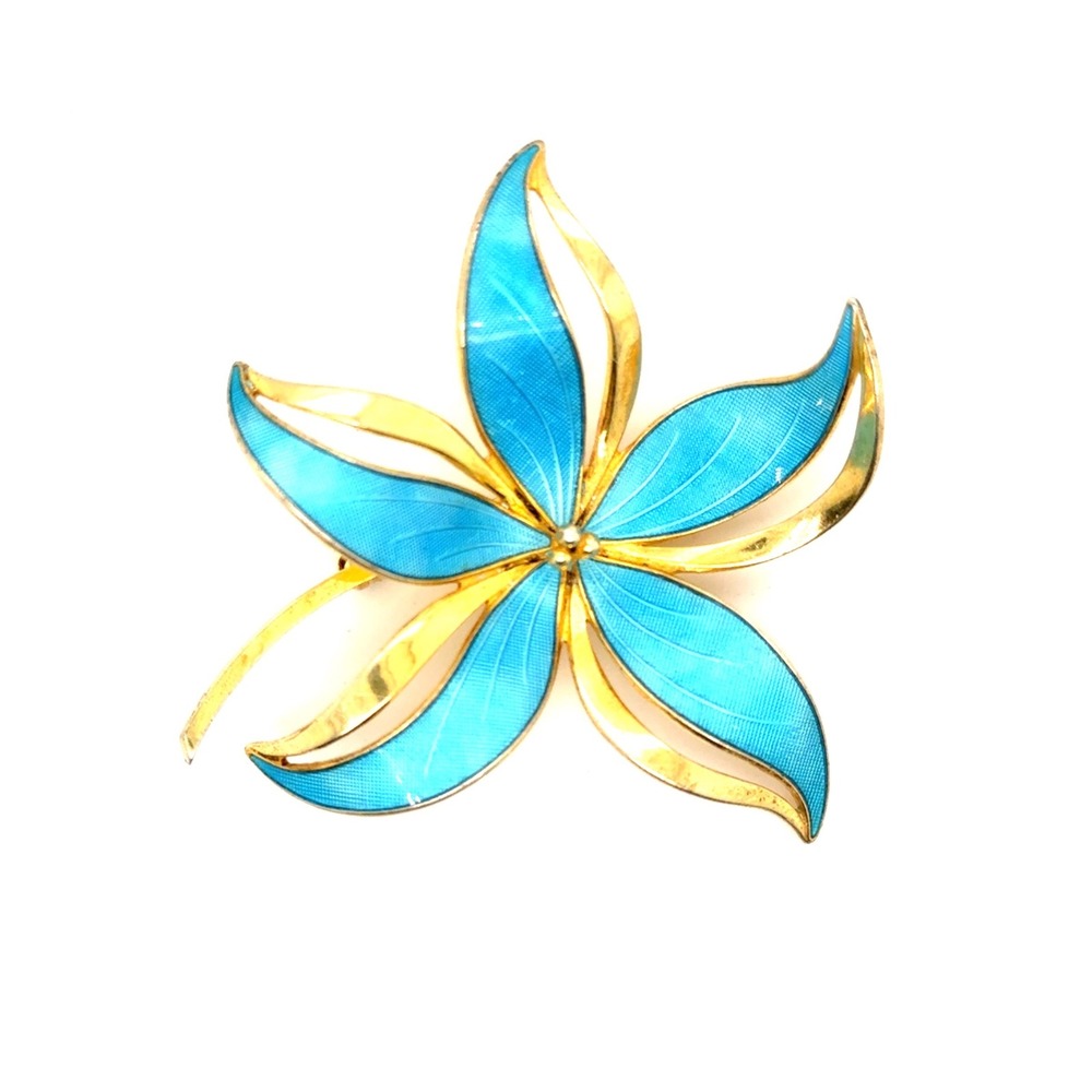 Vintage Norway Sterling 925S Blue Guilloche Enamel Flower Brooch Gold Wash 16.8g